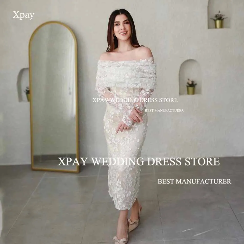 XPAY 튤프숄더 고급 드레스, 3D 레이스 장식, 긴 소매 신부 드레스, 백리스 디자인, 맞춤형 망토 포함