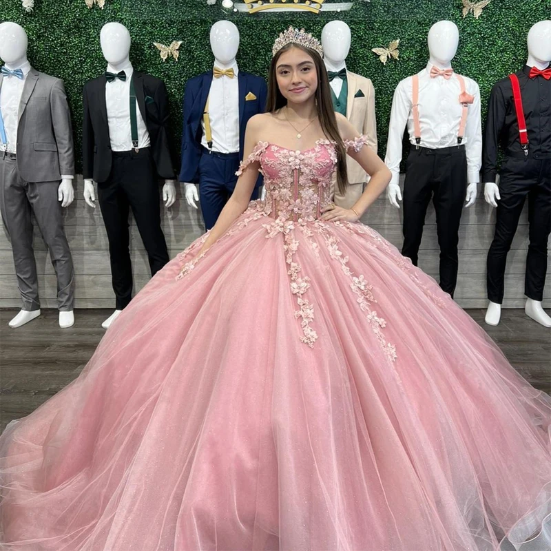 

ANGELSBRIDEP Pink Floral Quinceanera Dresses Off Shoulder 3D Flower Lace Appliques Birthday Party Ball Gown Vestidos De 15 Anos