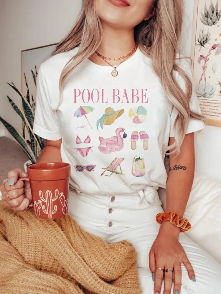 

Clothing Printing Fashion Beach Vibes Printed Pattern T-Shirt O-Neck Women's Short Sleeved Sweet and Cute Style Clothing T-Shirt