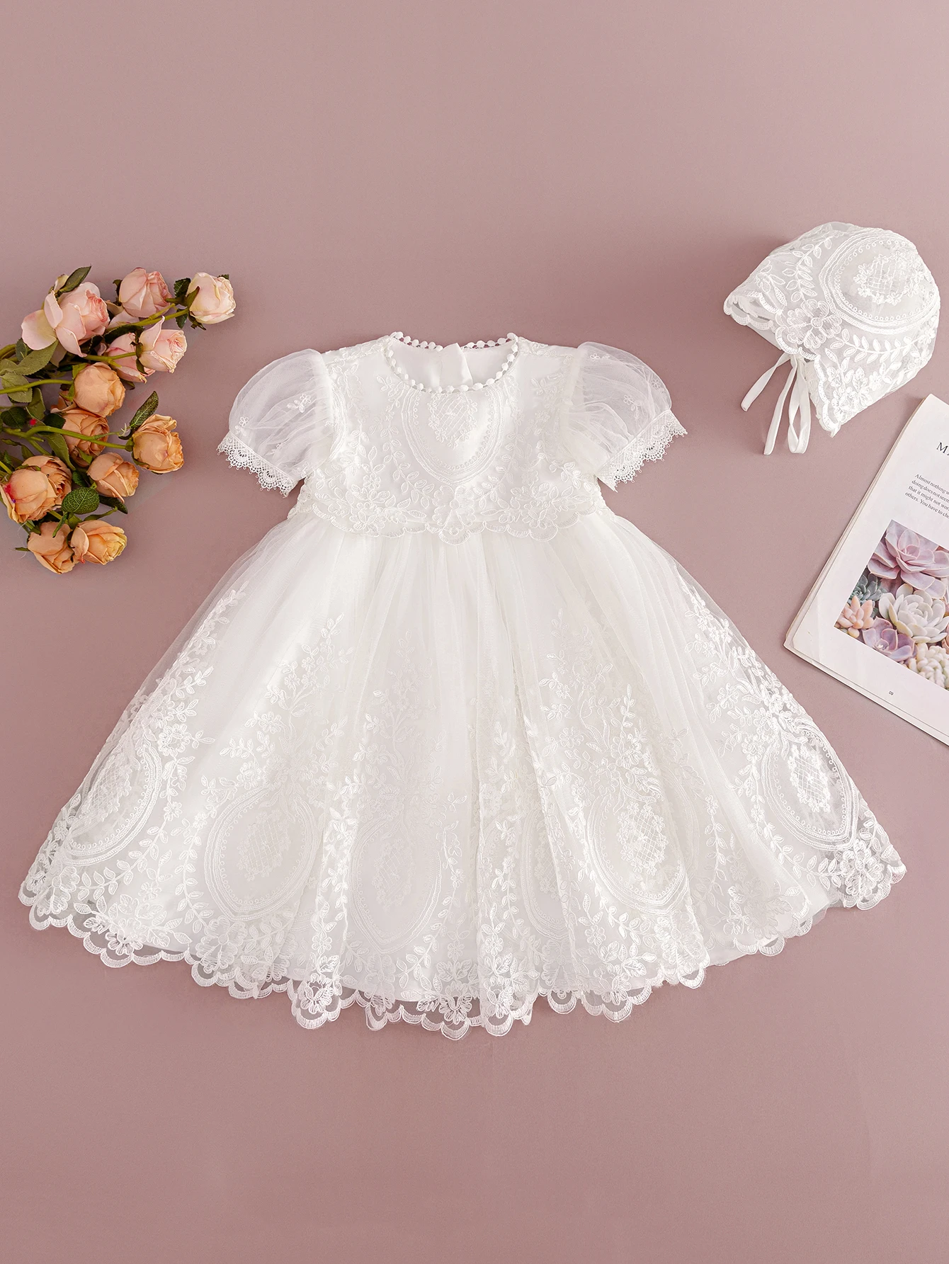 Baby Girl’s High-quality Embroidered Long White Christening Dress with Little Gauze Dress