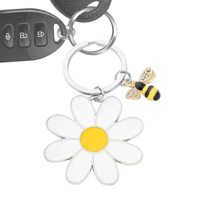 Cute White Daisy Keychain Enamel Crystal Bee Metal Keychains Pendant Purse Bag Decoration Women Girls Flower Charm Accessories 5