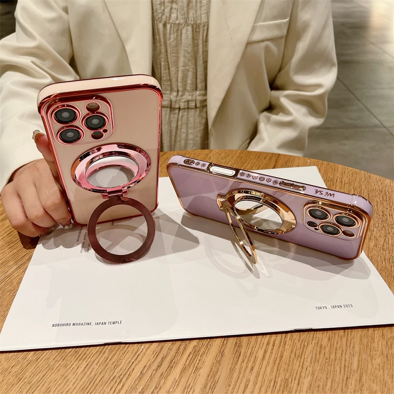 Luxury Plating Cute Flowers Glitter Phone Case with Stand and Soft Bumper Protector