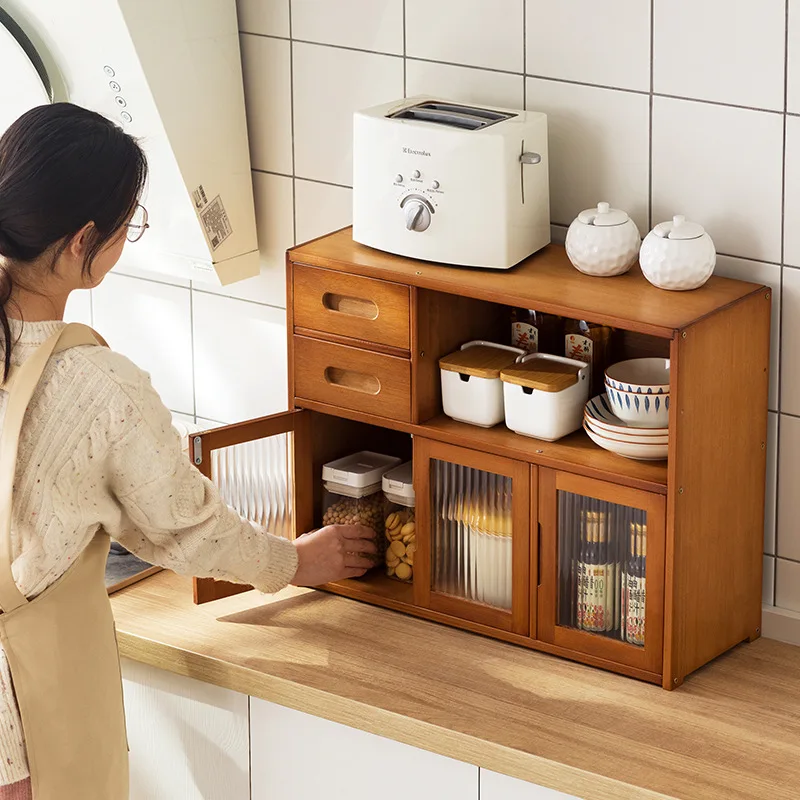 Armadietto Da Cucina In Bambù Con Ante Acriliche E Cassetti – Organizer Multistrato Per Spezie, Pentole E Piccoli Oggetti, Varie Misure Disponibili