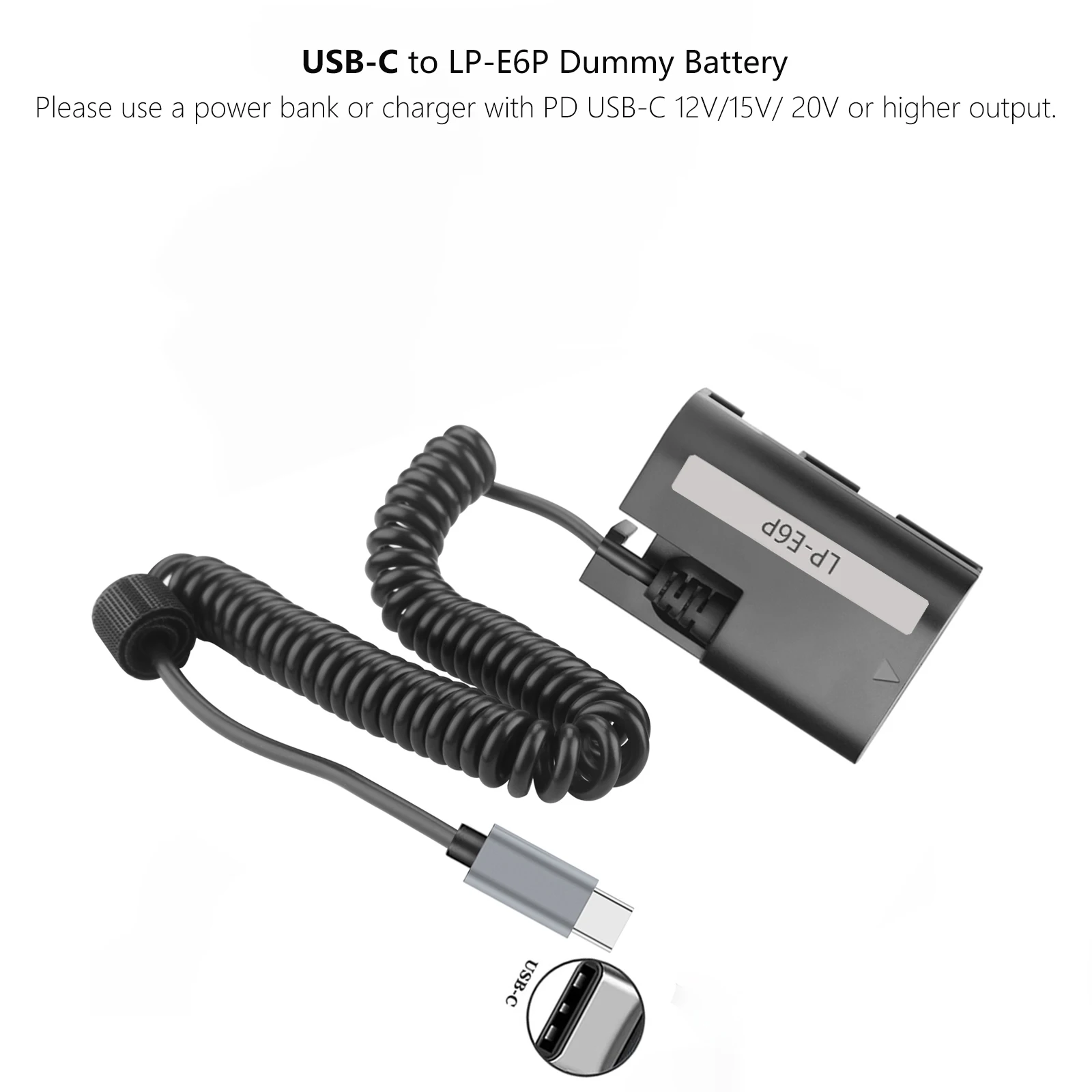 USB-C to LP-E6P LP E6P 더미 배터리 (캐논 EOS R5 Mark II, R5, R6, R7, R, EOS 5DS R, 6D, 7D, 80D, 90D, 5D Mark II, Mark III 용