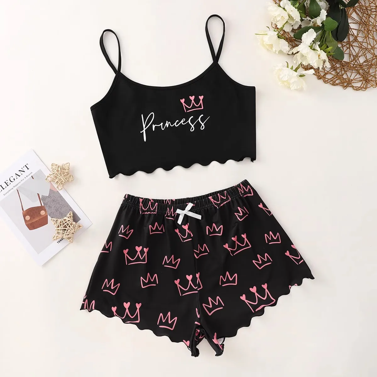 

Women's Pajama Set Letter Print Suspender Top Shorts Loungewear Sexy Suit Cute Women'S Pure Desire Pajamas