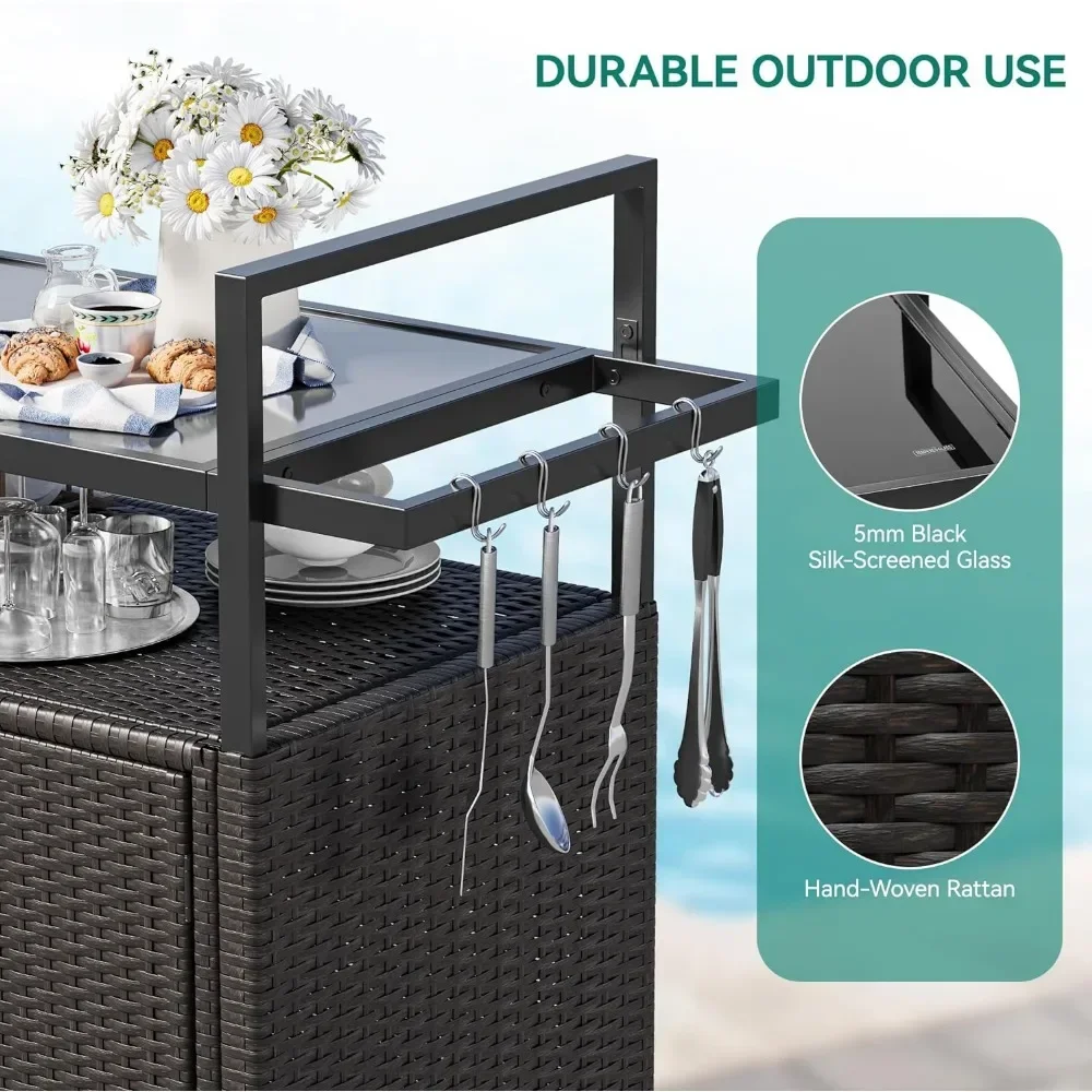 Kitchen Trolley, Wheels and Black Glass Table Top for Patio, Poolside and Backyard , Outdoor Kitchens Rolling Trolleys
