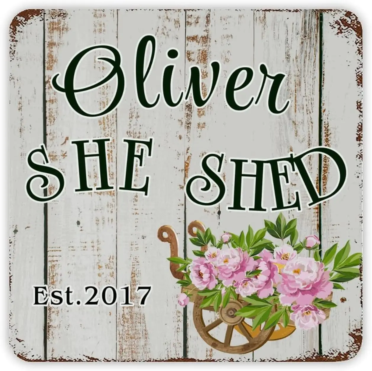 Nome Personalizzato Segno She Shed Rosa Peonia Targa Di Latta Retro Venatura Del Legno Targa In Metallo Festa Di Festa D'Arte In Stile Meridionale