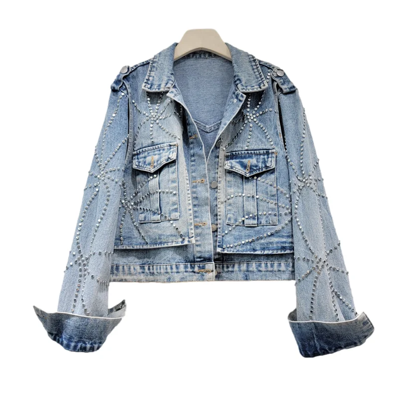 

Vintage Blue Rivet Big Pocket Long Sleeve Denim Jacket Women Casual Cowboy Outerwear Autumn Loose Short Jeans Jacket Coat Female