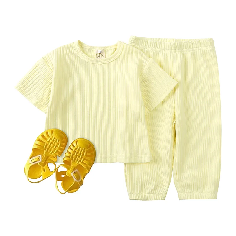 

Preschool Set Solid Stripe Casual Sports Set Summer Top+Pants Summer Short Sleeve Baby Girls' Clothing