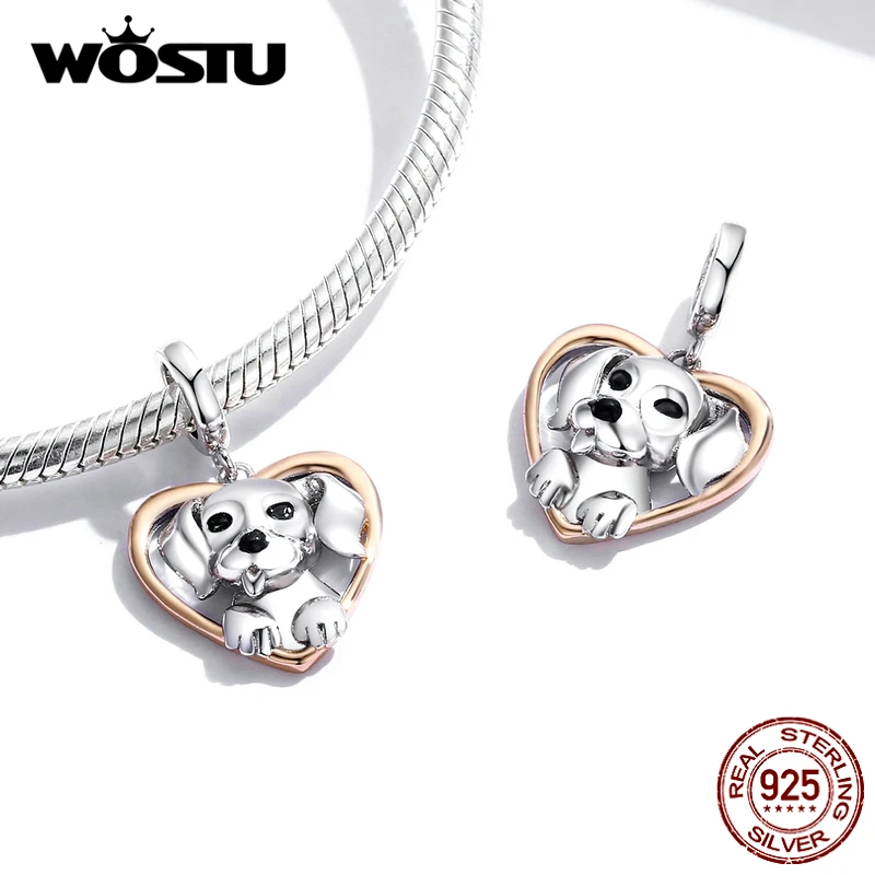Amo il mio Pet Tema Charm-Placcato oro rosa, smalto Argento Sterling