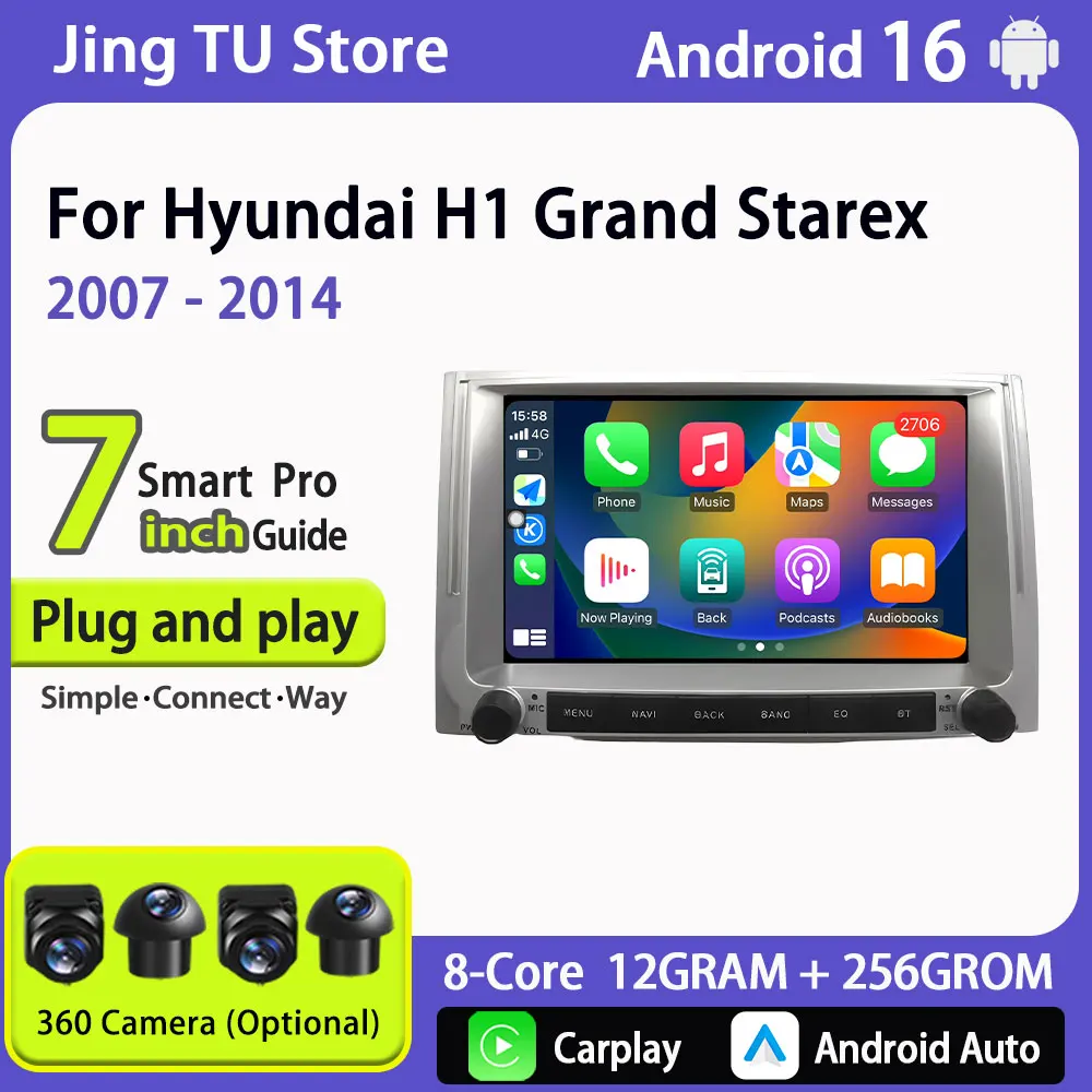 Radio de coche Android 16 de 7 pulgadas con DSP estéreo para Hyundai H1 Grand Starex 2007 - 2014, CarPlay, GPS, navegador, doble USB, WiFi, RDS, pantalla dividida 1