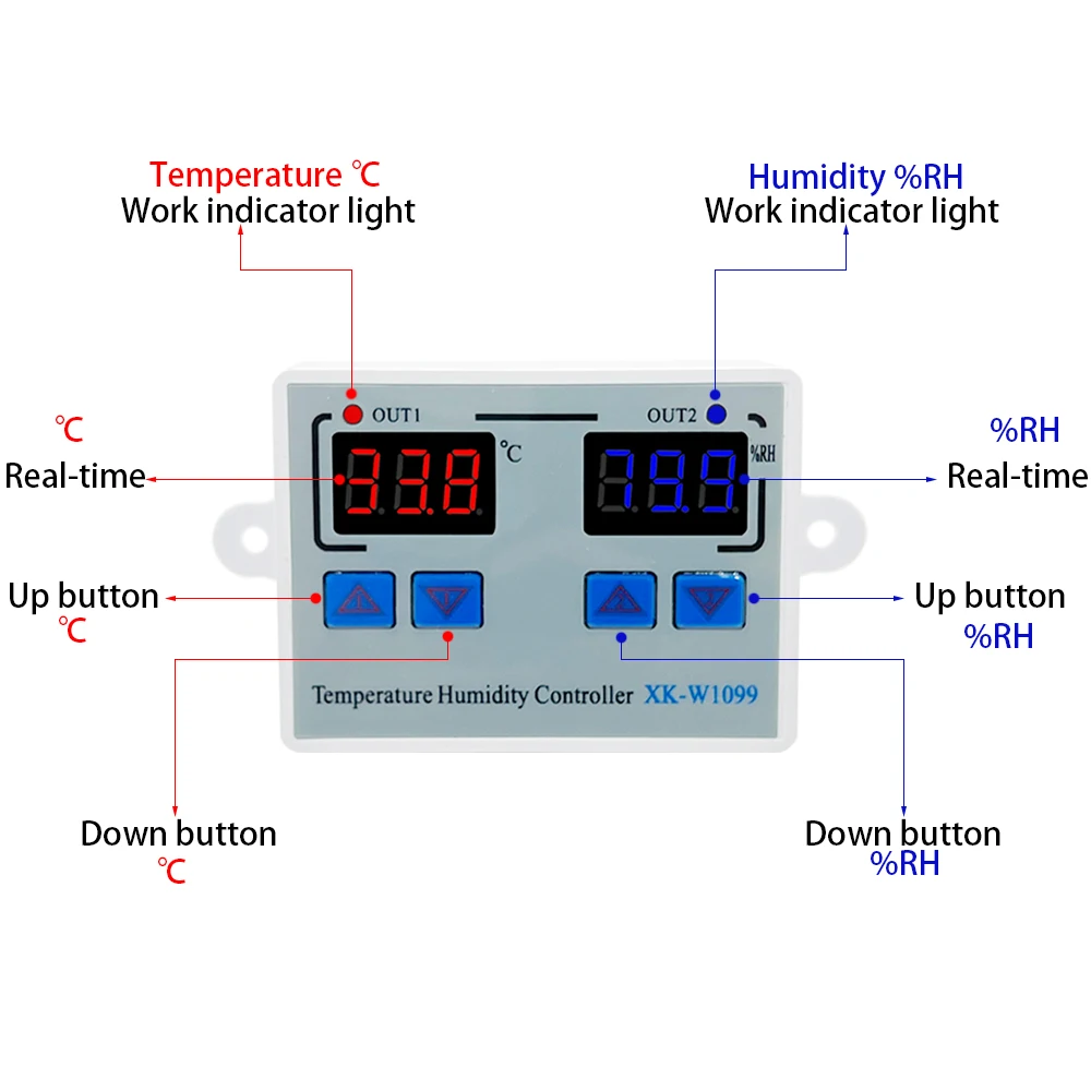 Digital temperature controller digital thermostat digital humidity controller W1099 DC 12V 24V AC 110-220V digital temperature humidity controller egg incubator thermostat regulator
