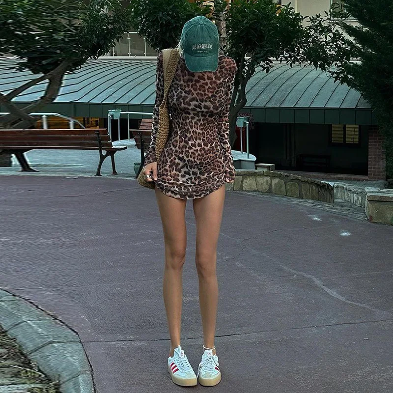 JULISSA MO Conjunto de dos piezas con estampado de leopardo para mujer, vestido sexy transparente de manga larga, vestido femenino de otoño ajustado, elegante, para fiesta y club.