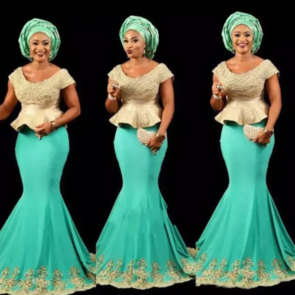 

Gorgeous Arabic African Evening Dresses Nigerian Lace Styles Scoop Neck Mermaid Teal Turquoise Prom Gowns with Lace Appliques