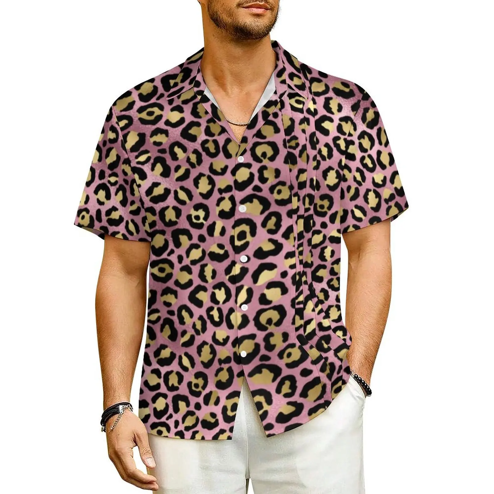 

Повседневная рубашка с леопардовым принтом, винтажная гавайская рубашка розового и золотого цвета, мужская пляжная дышащая блузка большого размера с короткими рукавами