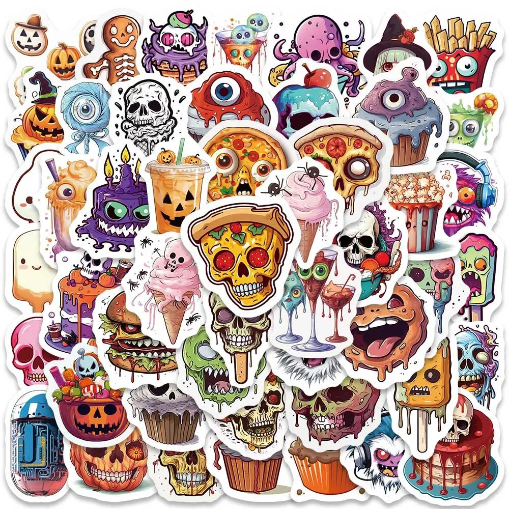 50pcs Funny Cartoon Halloween Horror Foods Stickers For Laptop Phone Luggage Guitar DIY Waterproof Graffiti Car Vinyl Decals 10 30 50pcs liquid monsters cartoon stickers horror graffiti sticker waterproof laptop skateboard motorcycle phone kid decal toy