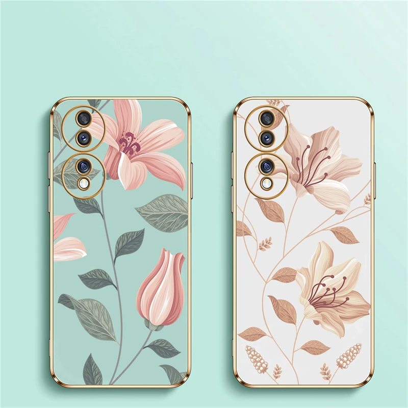 Elegant Floral Shockproof Silicone Phone Cover with Plated Edges
