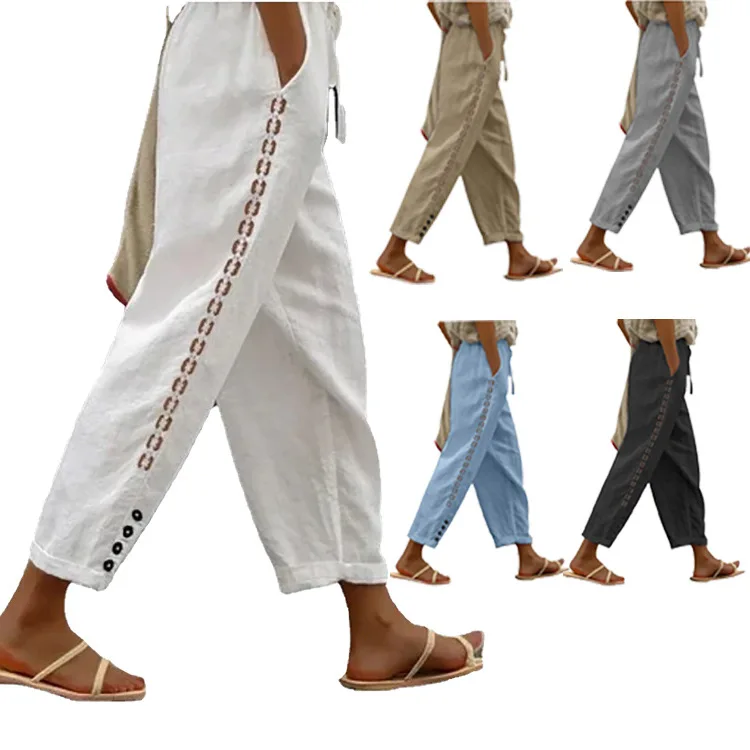 Women's Casual Pants Summer Cotton Hemp Pants Straight Pants Spliced Solid Color Nine-point