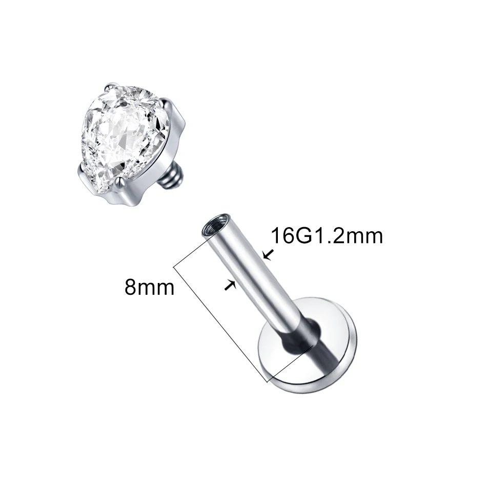 Water Drop CZ Crystal Labret Piercing Monroe Lip Stud Titanium