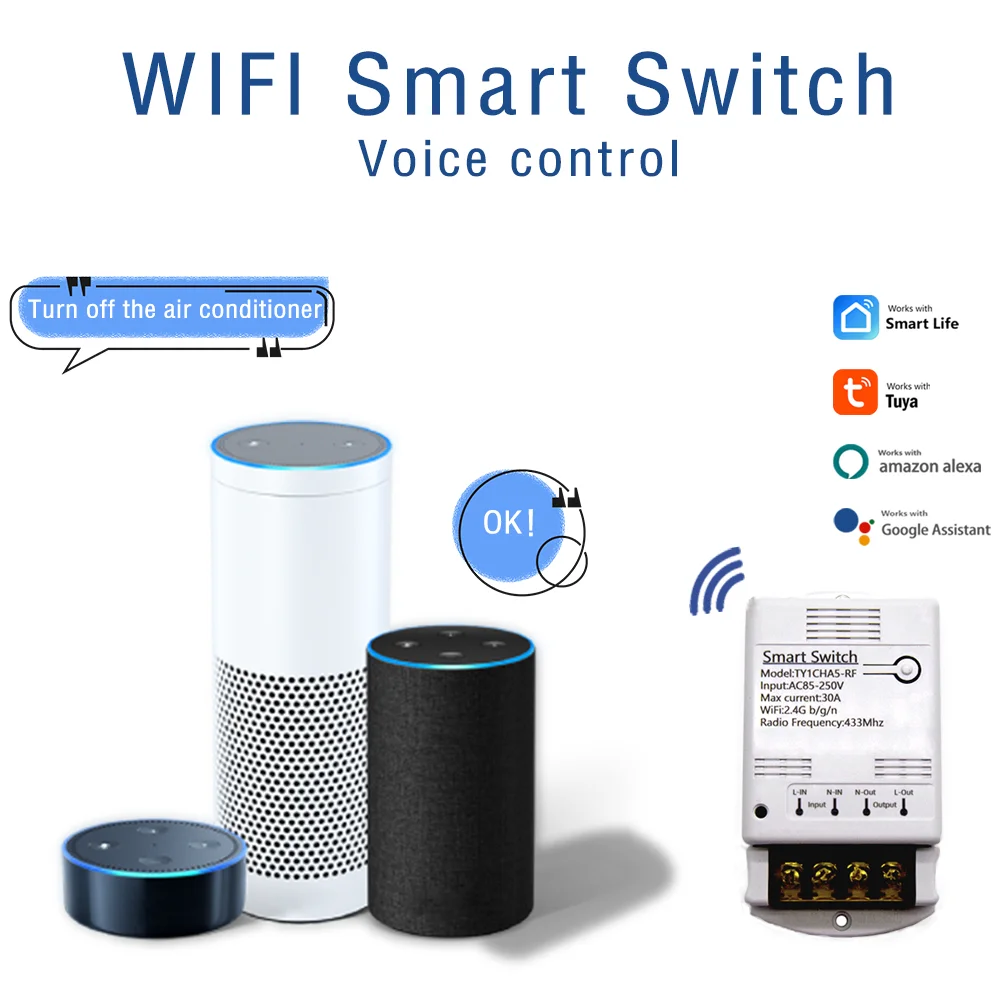 Tuya 30a 4000w Módulo Switches Wifi Trabalho de Relé Interruptor Inteligente com Alexa Google Home Control ac dc 732v ac 85250v - Image 3