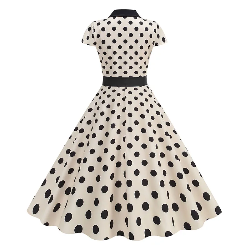 Elegantes Vintage 1950er Jahre Damen Sommerkleid Polka Dot Print Umlegekragen Party Sommerkleid mit Gürtel – Detail 14