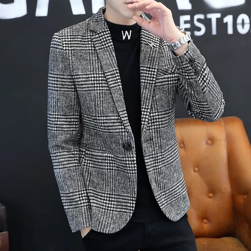 2024 New Men 2022 Autumn Winter Fashion Handsome Korean Version of The Trend Plaid Single West Coat Business Casual  Blazer 2