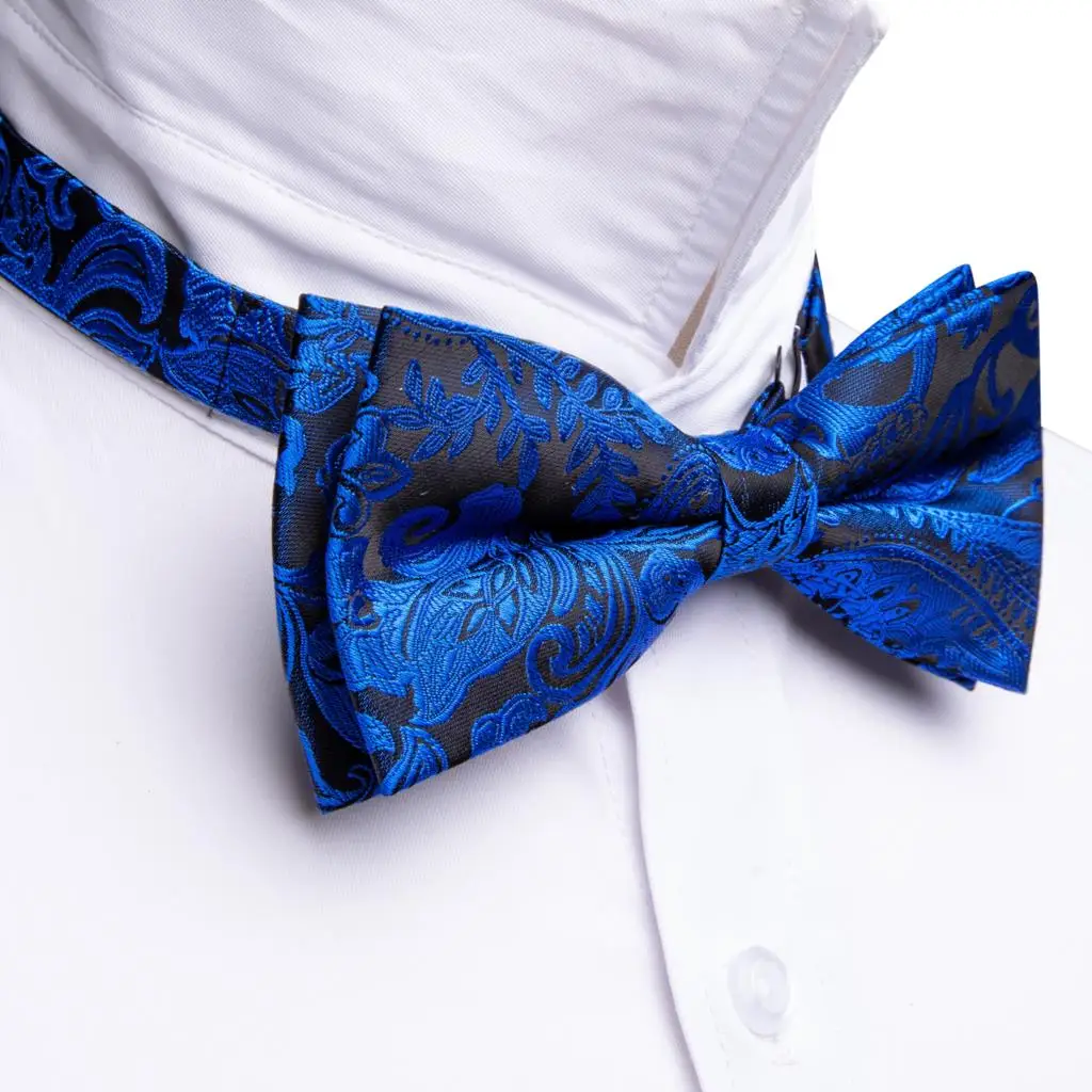 Barry.Wang Navy Royal Sky Blue Silk Mens Bow Tie Jacquard Paisley Floral Pre-Tied Bowtie Hanky Cufflinks Set Wedding Business