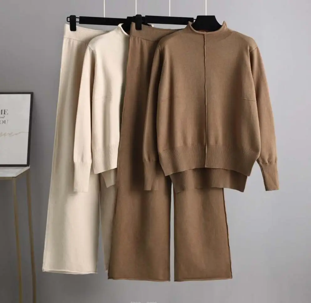 

Retro Autumn Winter Outfit Women's Loose Chic Half Turtleneck Sweater Wide Leg Pants Suit Women Korean Fashion Knitted Set
