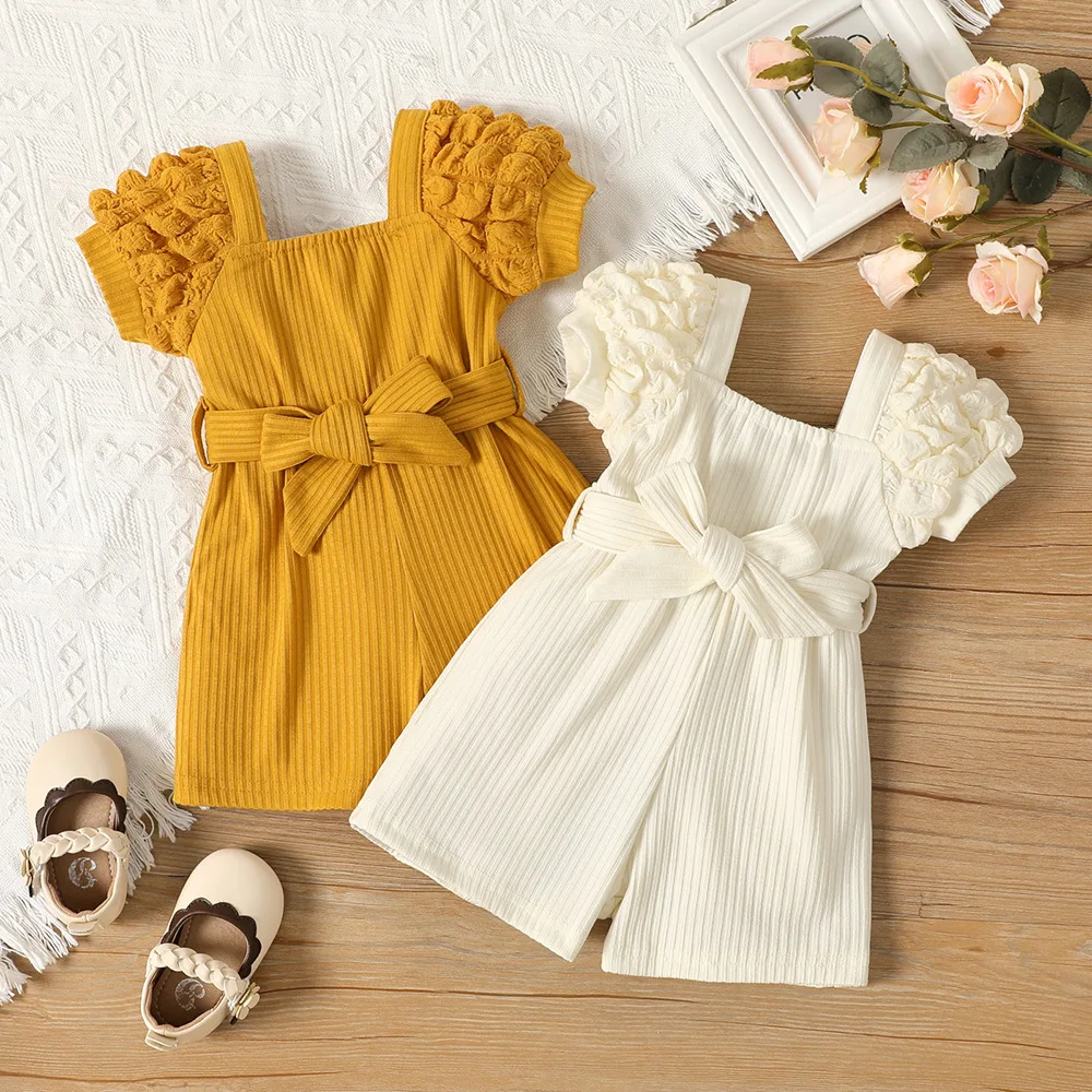 Baby Girl Bubble Sleeve Jumpsuit & Belt 1