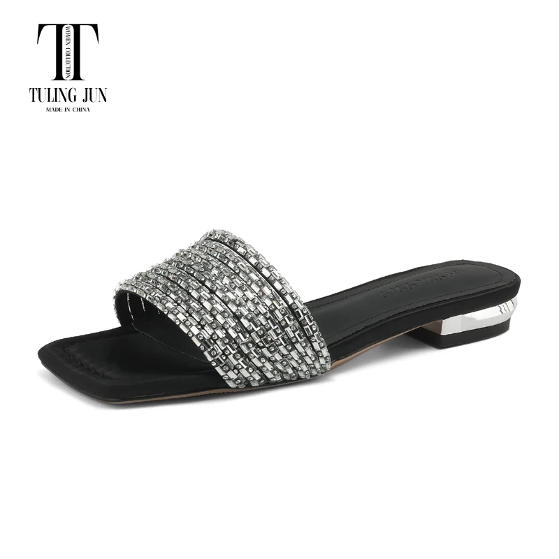 

TULING JUN 2024 Concise Summer Lady Open Toe Sequined Cloth Slippers Low Heel Daily Sandals For Women Mature T-TX11-160A