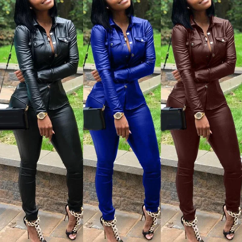5 color S-XXXL Winter Overalls PU Leather shirt+Pencil pant tracksuit fashion sexy women set two pieces Jumpsuit casual Outfits elegant women s social overalls blue jumpsuit work clothes sexy backless loose wide leg pants 2023 autumn jump suite outfits