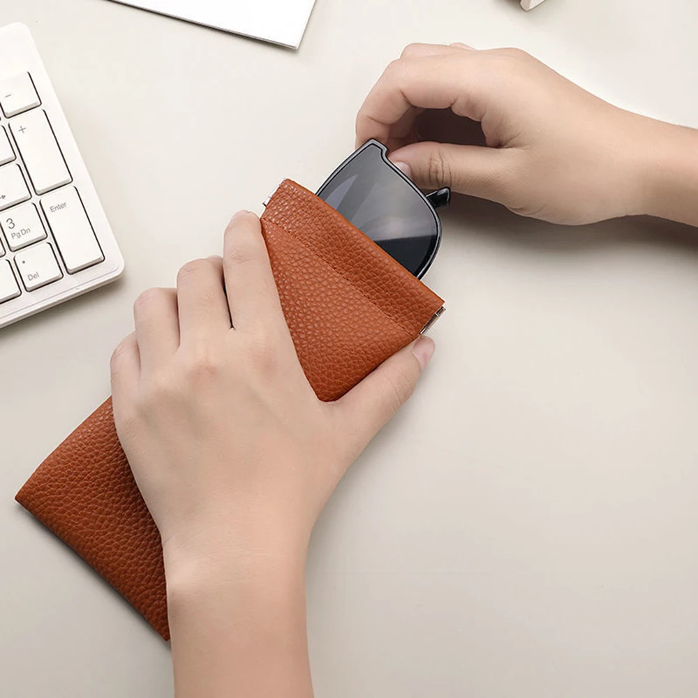 Glasses Case Women's Lychee PU Leather Glasses Storage Bag Automatic Closed Cover Soft Eyewear Pouch Data Cable Organiser 2024 4