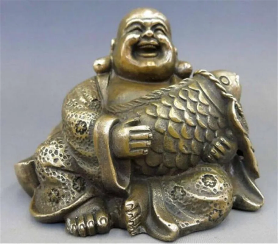 

Copper statue Collection Chinese Brass Carved Maitreya Buddha Happy Buddha Embracing Fish Coin Exquisite Small Statues