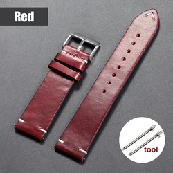 Vintage Oil Wax Leather Watchband - Universal Stitching Cowhide Strap - 19mm (Red)