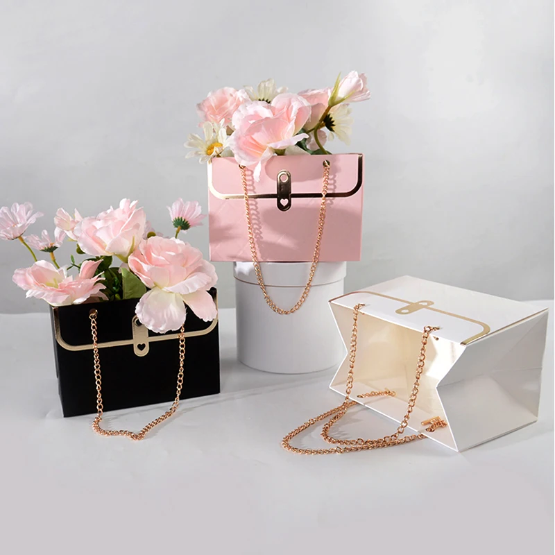 1/3pcs Elegant Portable Flower Gift Boxes Metal Chain Handles Paper & Metal Bouquet for Wedding Birthday