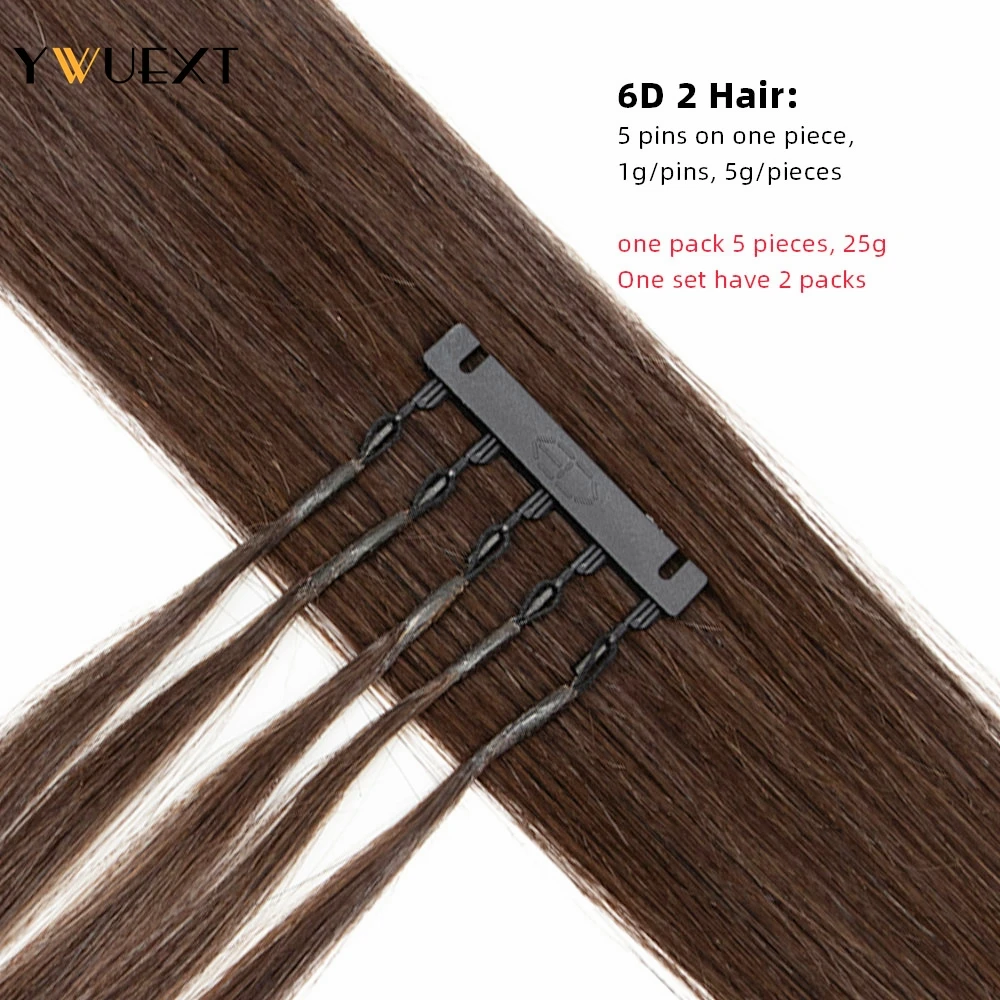 YWUEXT Dark Brown 2# 6D-2 Hair Extensions Natural Straight 16" 20" 24" Machine Remy Human Hair Micro Rings 5 pins