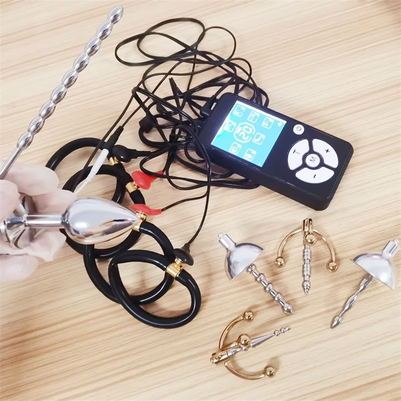 1 Set 8 Modes Electric Shock Silicone Cock Rings Metal Penis Plug Horse Eye Stick Urethral Sounding Adult Games Sex Toys for Men
