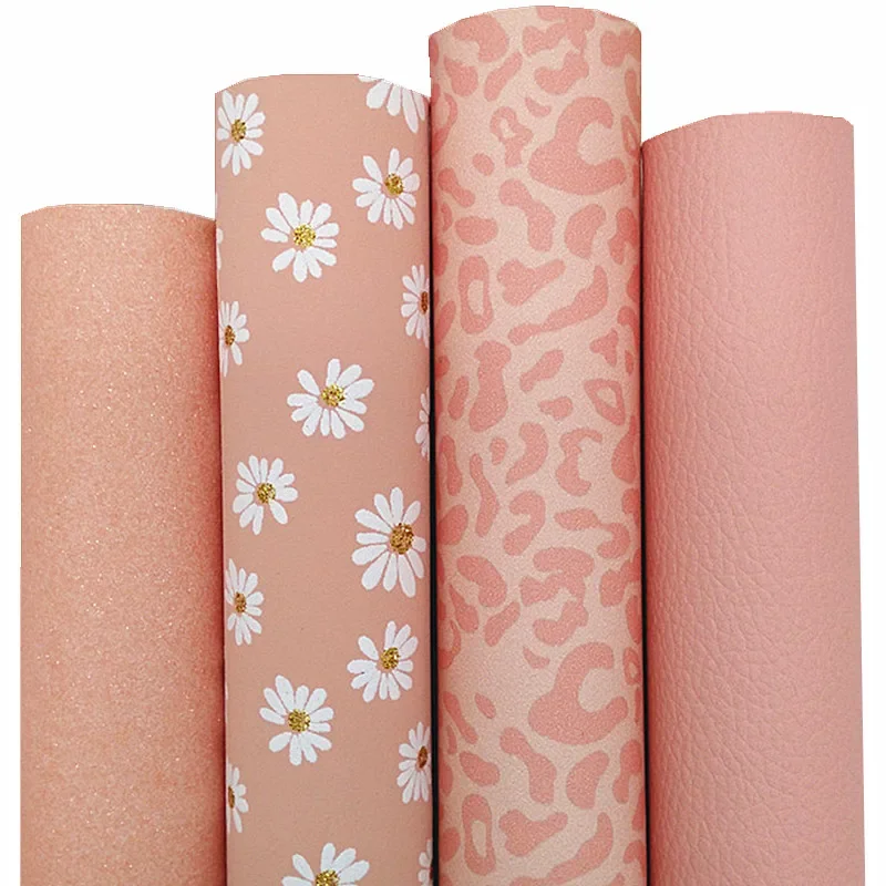 Pink Fine Glitter Leather Daisy Flowers Leopard Printed Suede Synthetic Leather Matt Smooth Faux For Bows 21x29CM Q508
