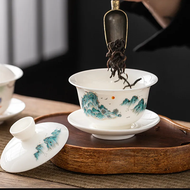 Hand-painted Ceramic Tea Tureen Chinese Portable Tea Maker Three-cai Gaiwan Home White Porcelain Tea Set with Cover Teacup 140ml
