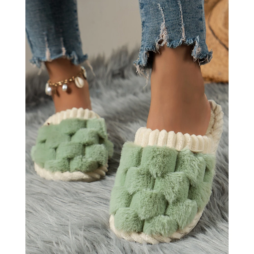 Home Fashion Women Flat Slippers Femme Contrast Paneled Geometric Indoor Slippers Fuzzy Lined Slipper Casual Winter Warm Shoes