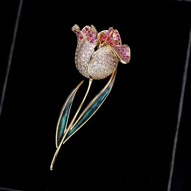 

High-end Light Luxury Style Corsage Coat Pin Accessories Elegant Brooch Colored Zircon Tulip Brooch