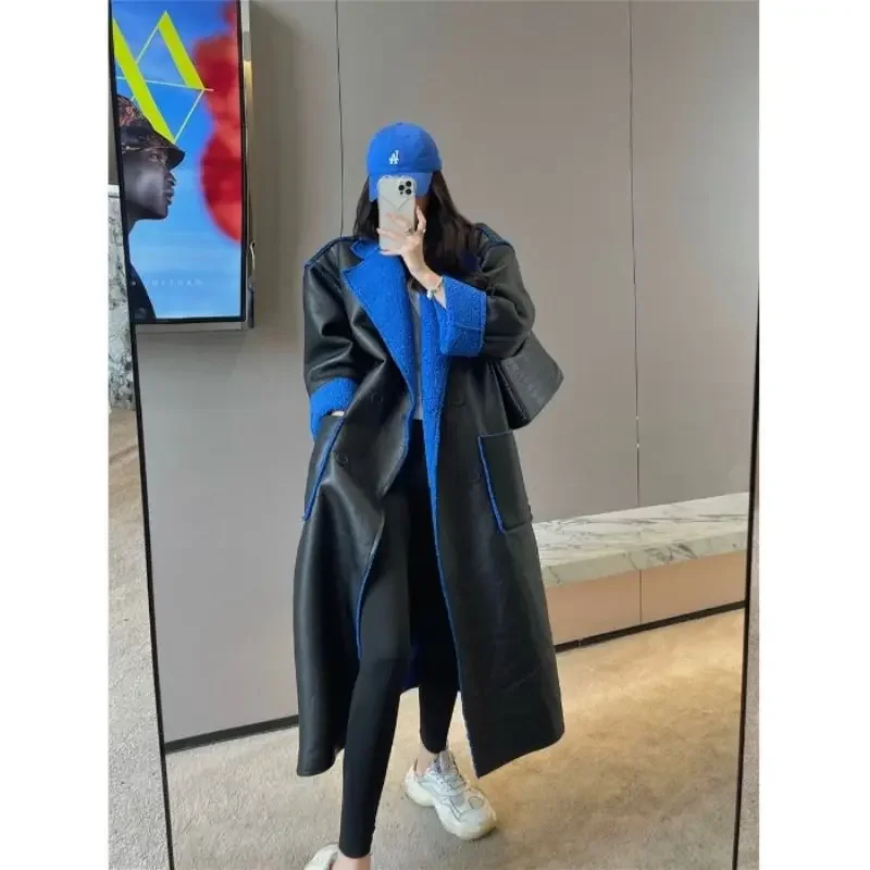 

Long Overcoat Women Coat Korean Autumn Winter Furry Keep Warm Office Lady Turn-down Collar Single Breasted Reversible Garment