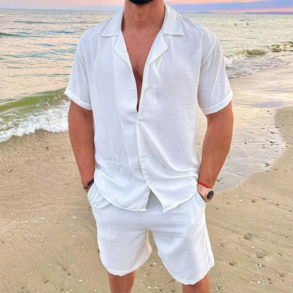 Men Hawaiian Sets Summer Casual Solid Color Short Sleeve Button Shirt Beach  Shorts Set Fashion Mens 2 Piece Suit Ropa Hombre - Men's Sets - AliExpress