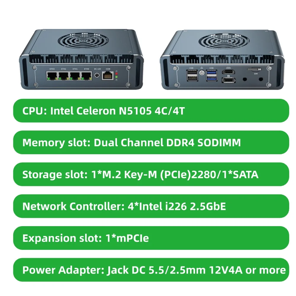 Mini Firewall Router Home Gateway with Smart Fan Intel Celeron N5105 4 Ports 2.5GbE I226V 16GB RAM 512GB SSD G31F-1338NP-4L