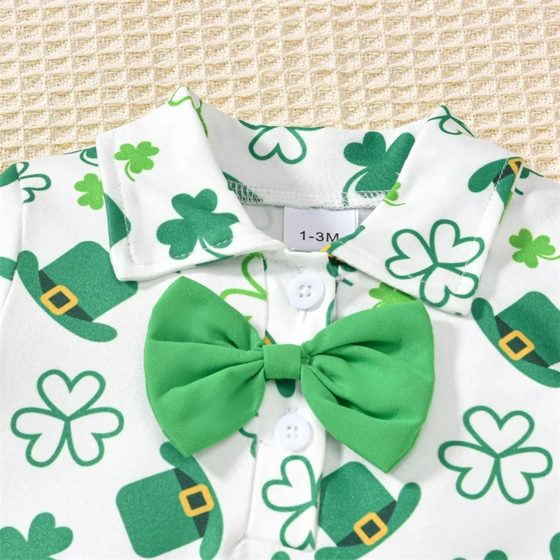 Toddler My First St.Patricks Day Baby Boy Gentleman Outfit Green Bow Tie Short Sleeve Romper Lucky Shamrock Pant Clothes Sets 5