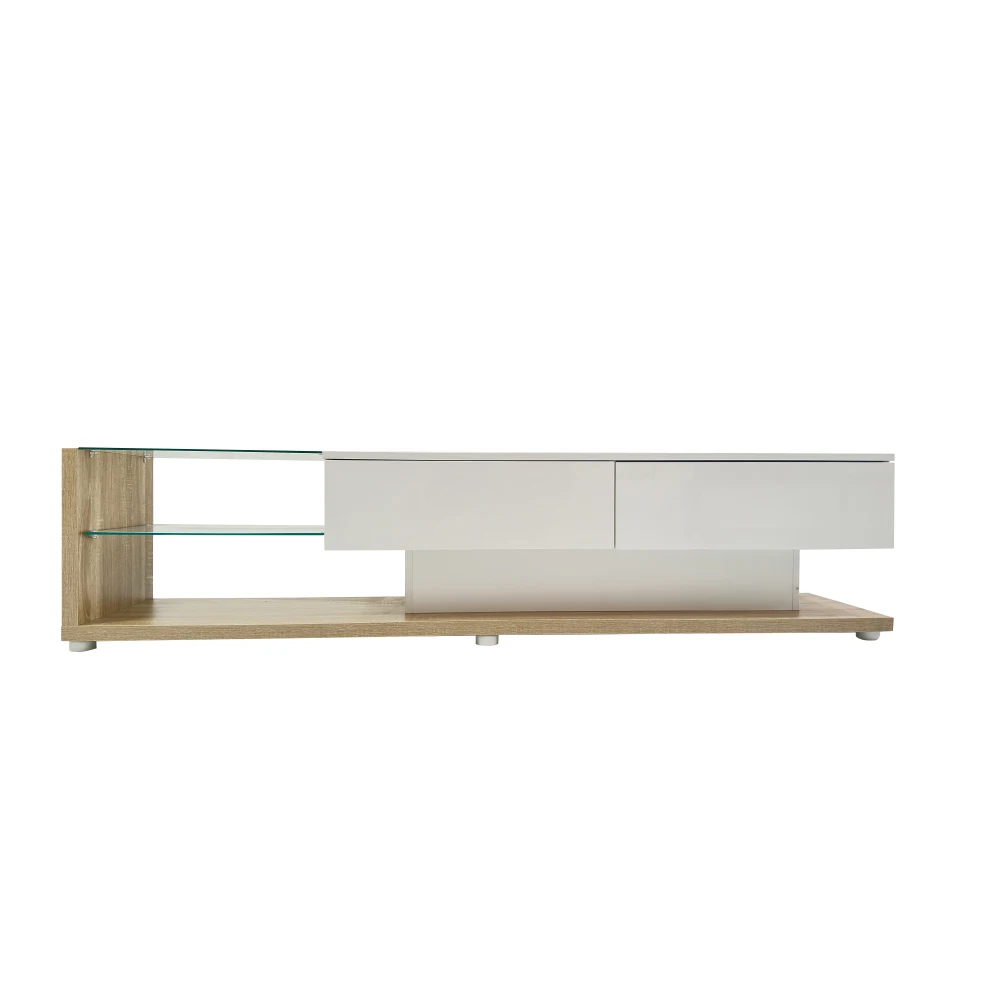 PINGGO Moderner, natürlicher, weißer Hochglanz-TV-Schrank im Landhausstil mit Glastrennwänden und variabler LED-Beleuchtung für das Wohnzimmer – Detail 13