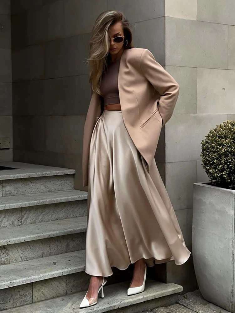 

Elegant Satin Loose Women Skirt 2023 Solid High Waist A-line Skirts Street Classic Long Skirt Fashion Solid Office Lady Skirt