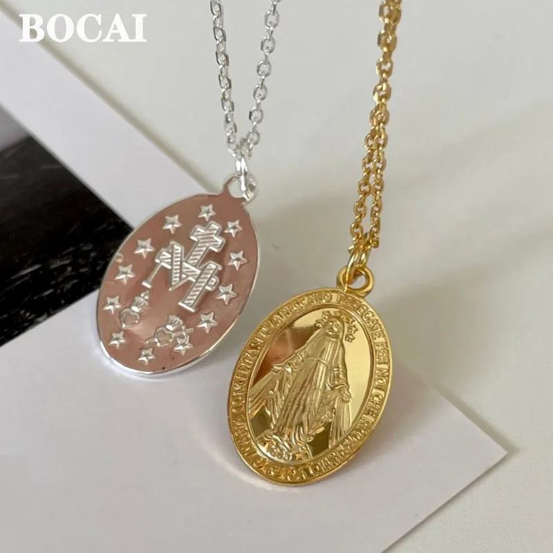 BOCAI Real S925 Silver Jewelry Fashionable Exquisite and Minimalist Personalized Round Label Maria Necklace Pendant for Women