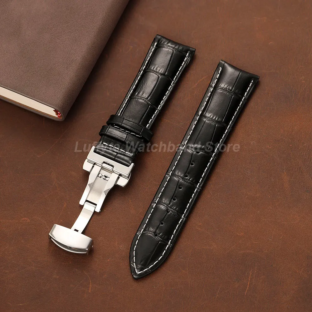 Men's Embossed Leather Watch Band with Butterfly Clasp - Fashionable and Comfortable Replacement Strap