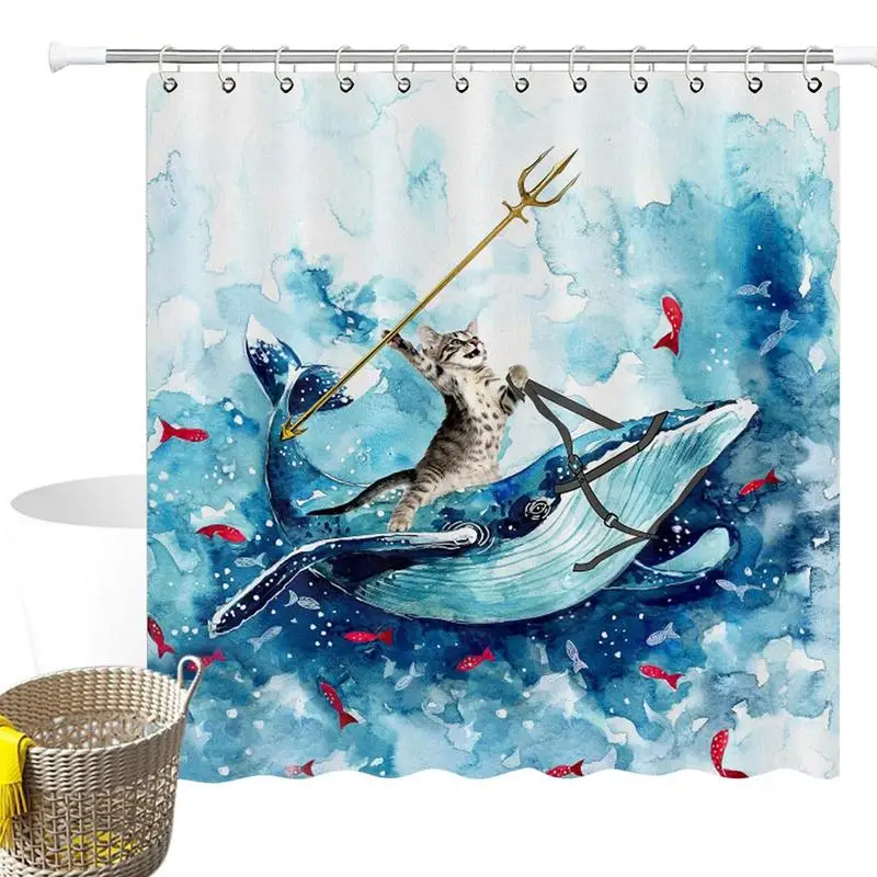 

Funny Shower Curtain Hand-Painted Funny Cat Sea Turtle Maritime Child Shower Curtains Washable Polyester Waterproof Shower blind